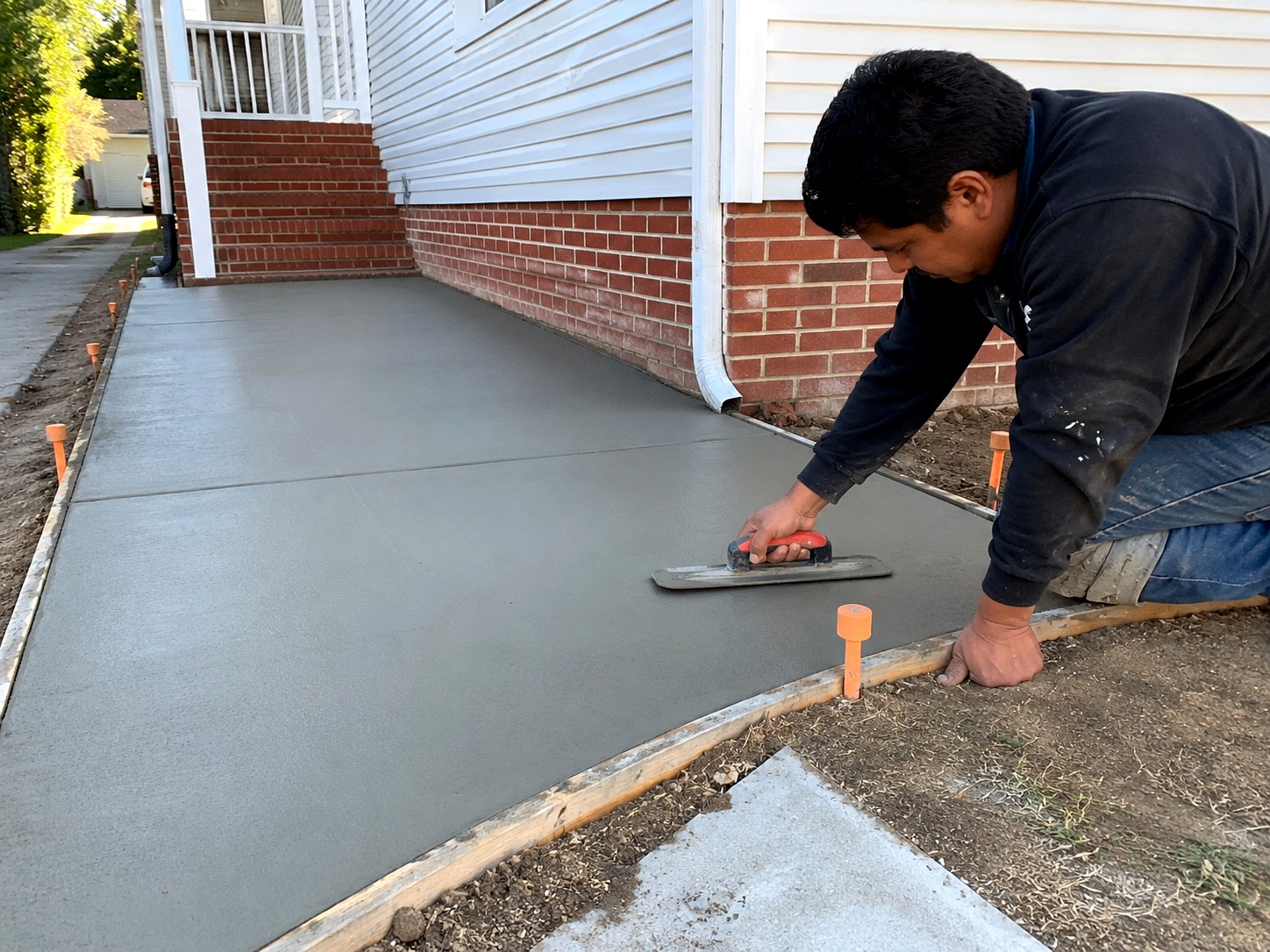 Hand-finishing fresh concrete on a residential driveway repair