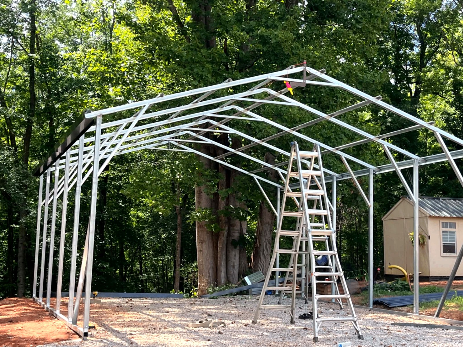 Steel framed metal roof structure under construction