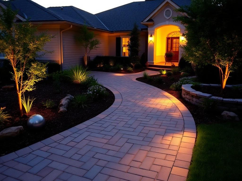 Curved paver walkway with landscape lighting