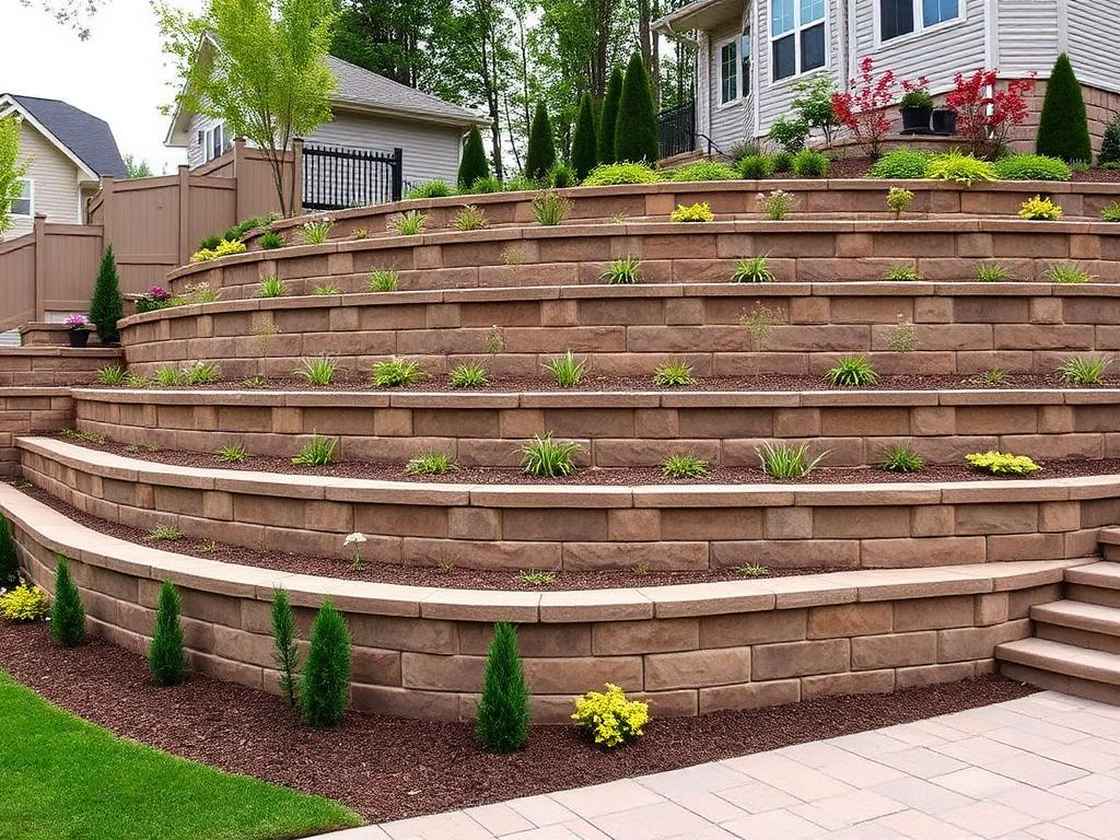 Tiered retaining wall with planted terraces